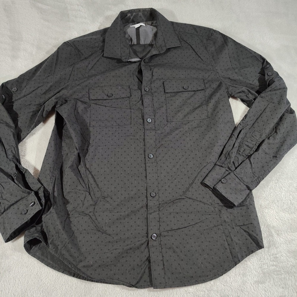 Calvin Klein Shirt Men M Black Classic Designer City Pockets Work Roll Tab
